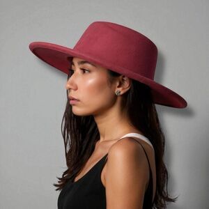 Dark Red Wide Brim Dented Round Crown Fashion Fedora Hat NEW